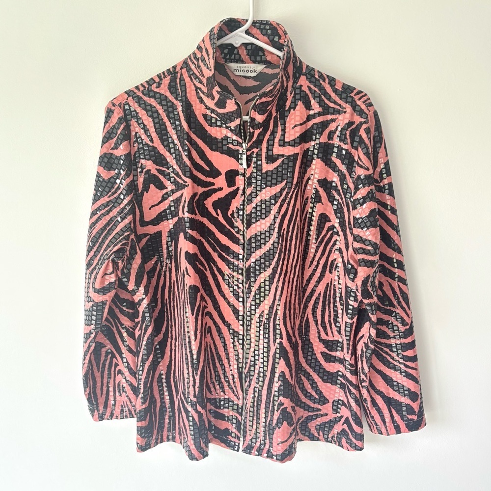 Misook Vintage Pink Black Zebra Print Clear Sequins Full Zip Shirt Jacket Disco